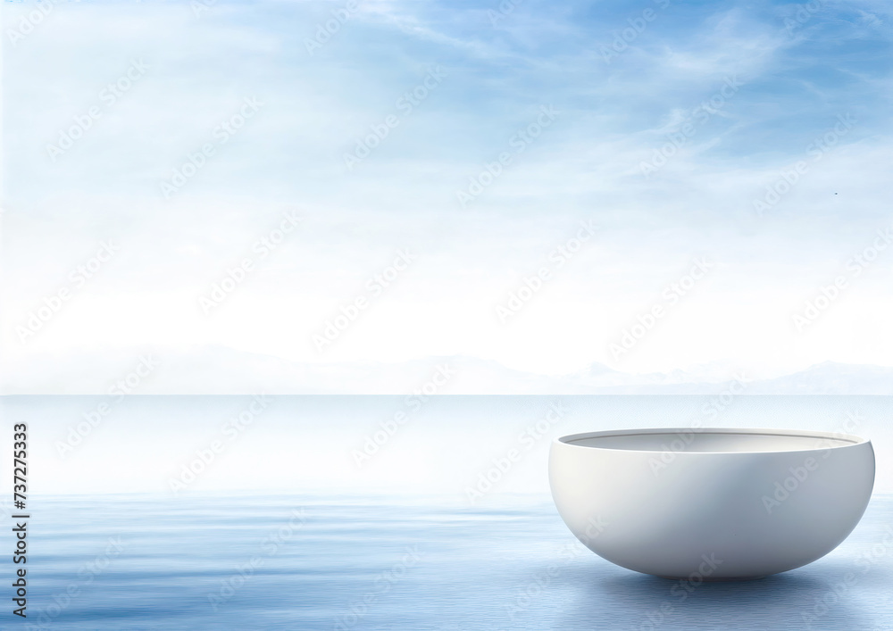 White bowl on blue sea and sky background - obrazy, fototapety, plakaty 