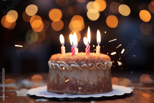 A close-up of a candlelit birthday cake