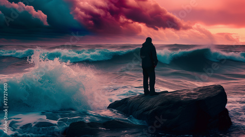 Man standing on a rock and looking at a stormy sea