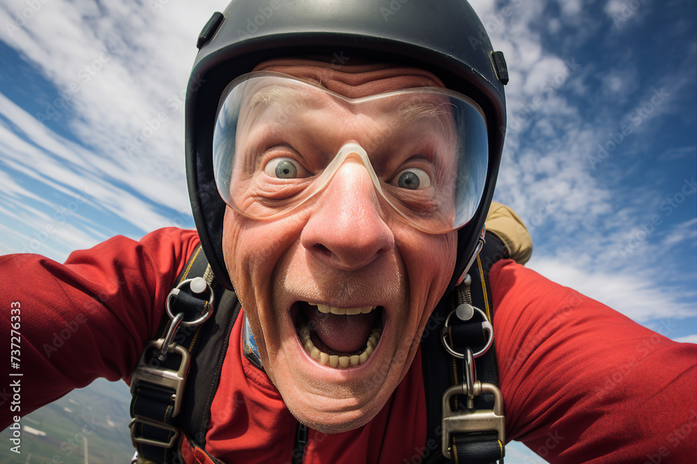 Excited positive happy parachutist in free fall over blue sky. ai generative picture collage Excited positive happy parachutist in free fall over blue sky. ai generative picture collage