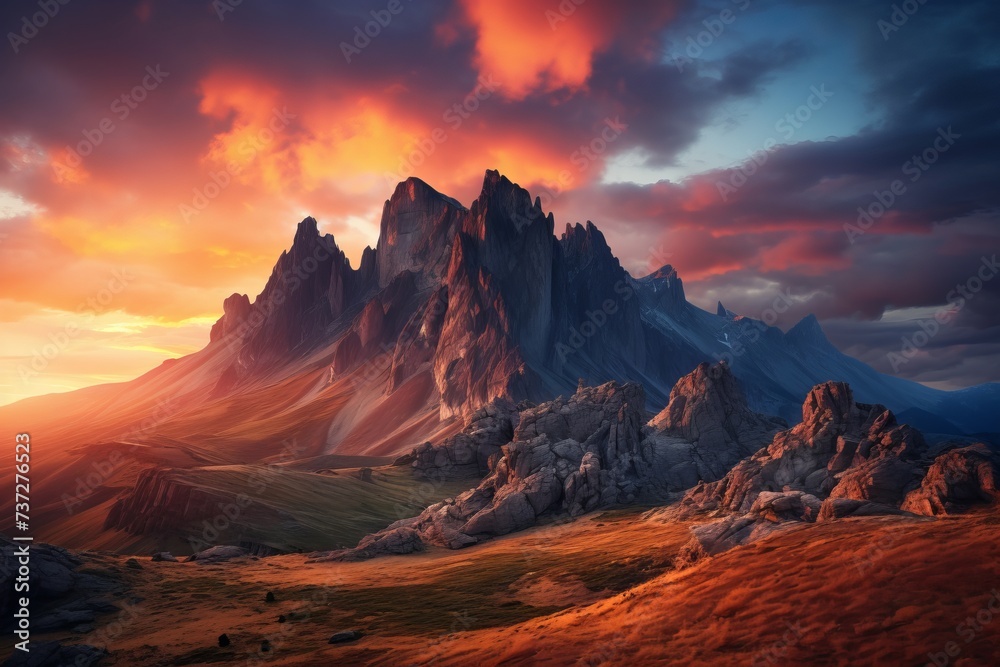 A dramatic mountain range at sunset