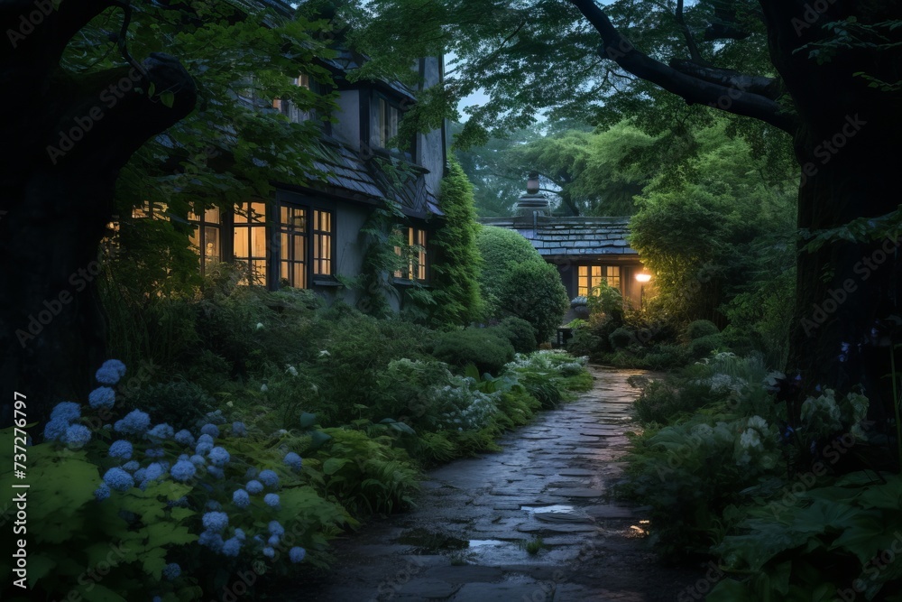 A peaceful garden at the onset of blue hour