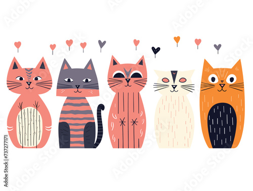 image row colorful cartoon cats decorative patterns vector illustration