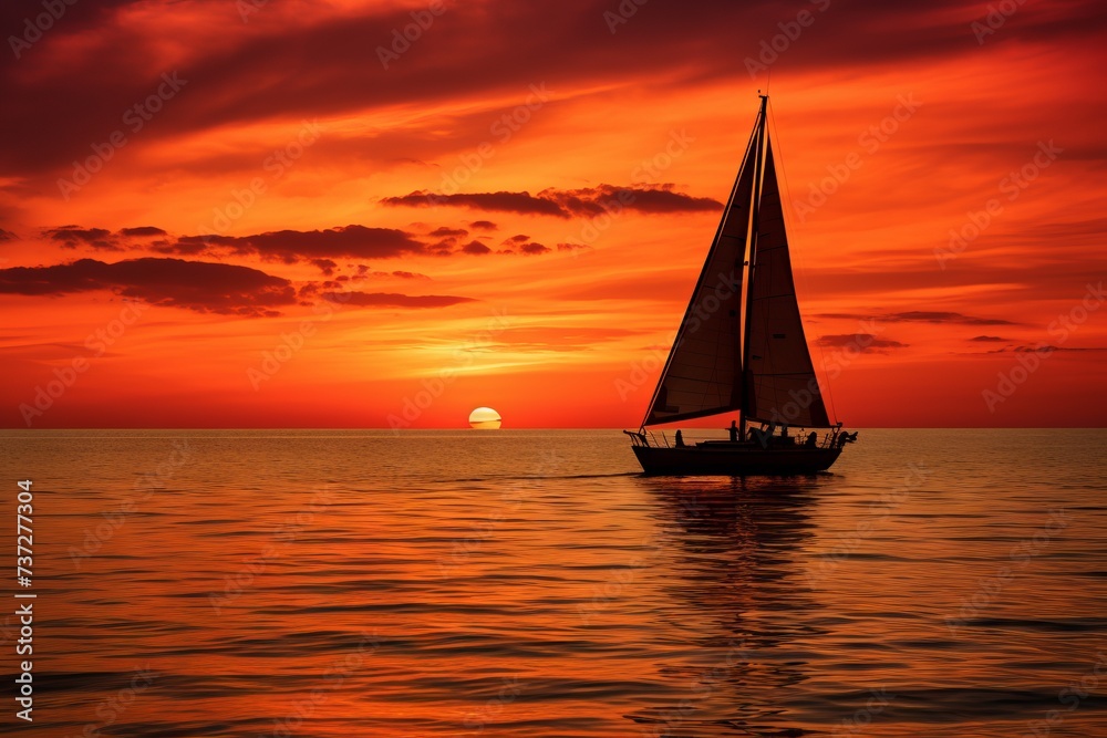 A sailboat silhouette against a fiery sunset