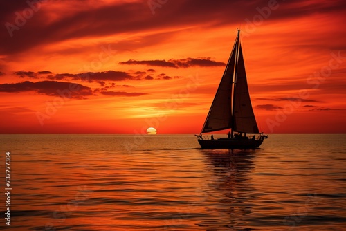 A sailboat silhouette against a fiery sunset