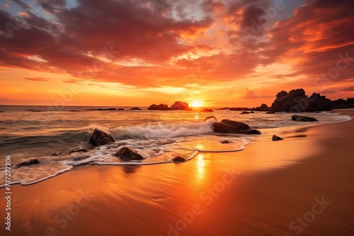 A serene beach at sunset with a warm, orange sky