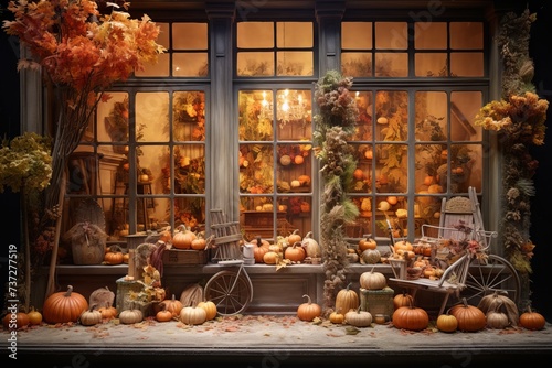 A storefront window with a seasonal advertising display