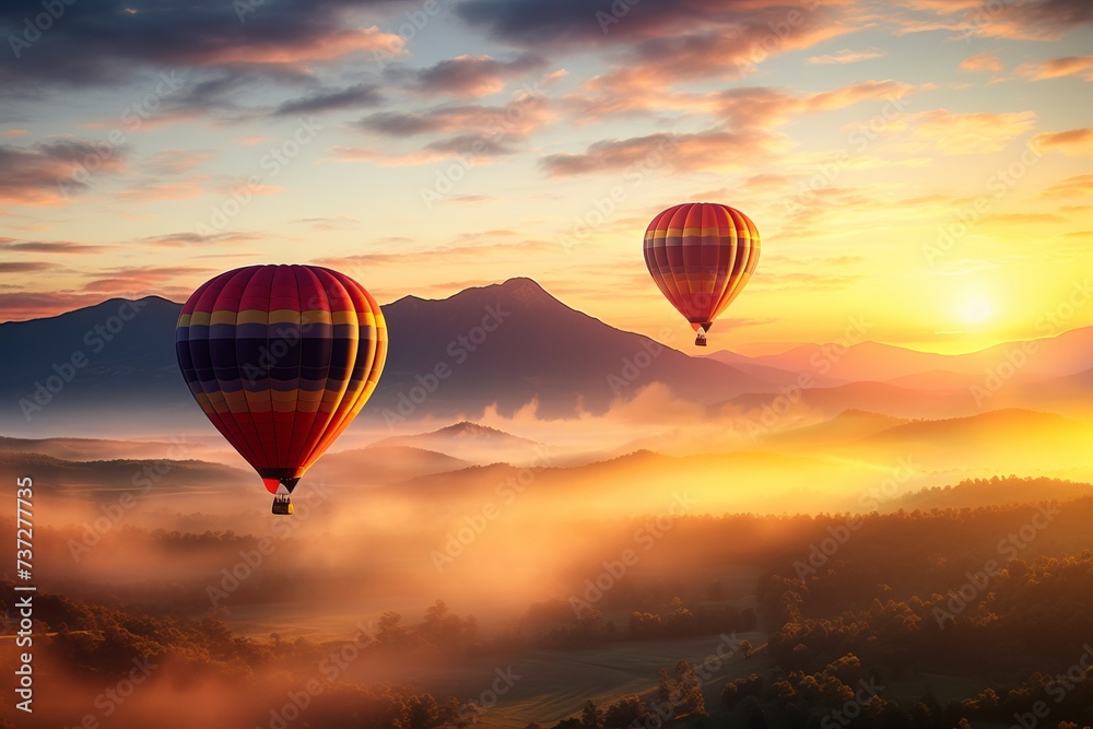 A trio of hot air balloons rising at sunrise