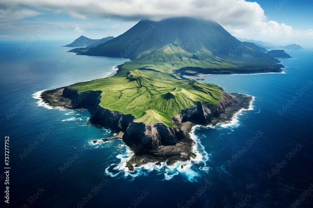 A volcanic island surrounded by the ocean