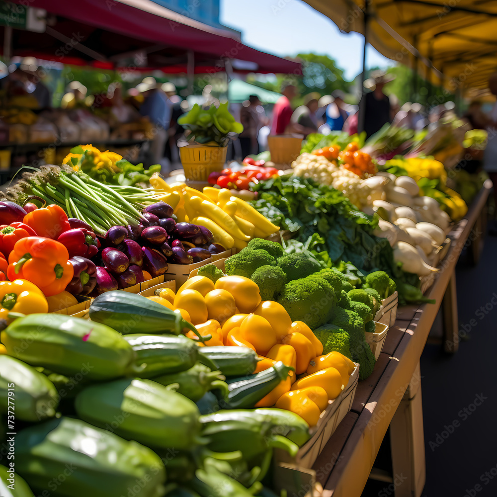 A bustling farmers market with colorful produce.