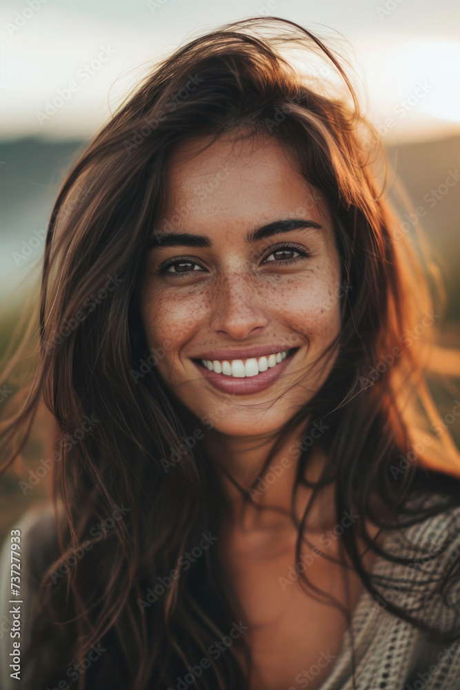 A beautiful smiling woman, looking aesthetic at the camera A beautiful smiling woman, looking aesthetic at the camera