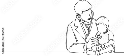 continuous single line drawing of pediatrician using stethoscope on toddler, line art vector illustration