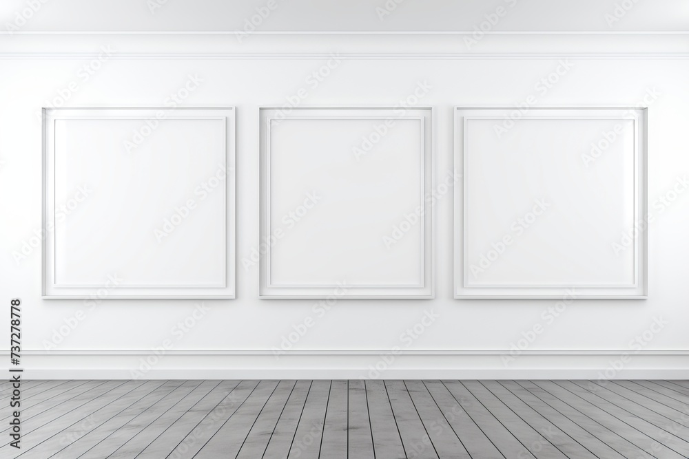 Empty frames on white walls in a mock up gallery Empty frames on white walls in a mock up gallery
