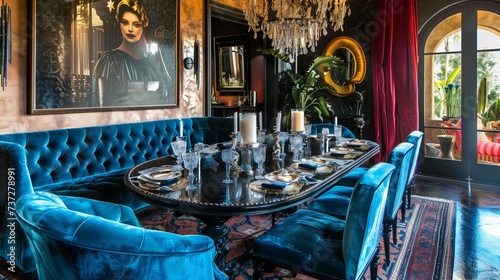 Vintage glamour meets modern luxury in a Hollywood-inspired dining room with plush velvet seating.