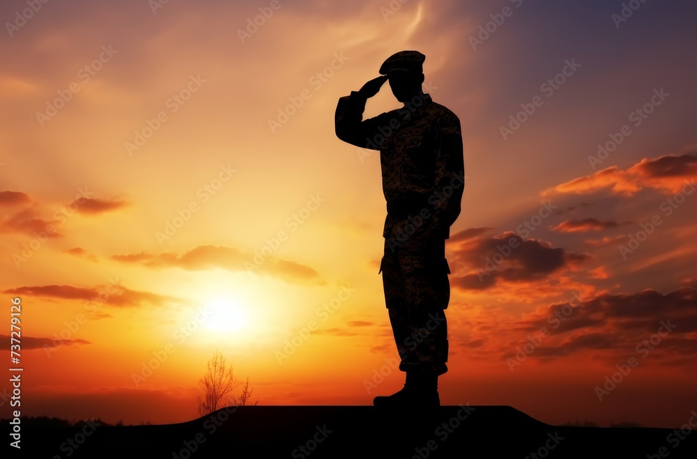 Silhouette of a soldier salutes at sunset