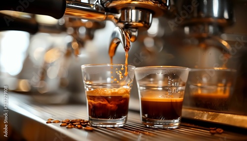 Brewing espresso shot, crema forming, perfect espresso pull.