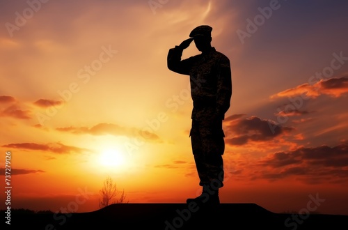 Silhouette of a soldier salutes at sunset © Riz
