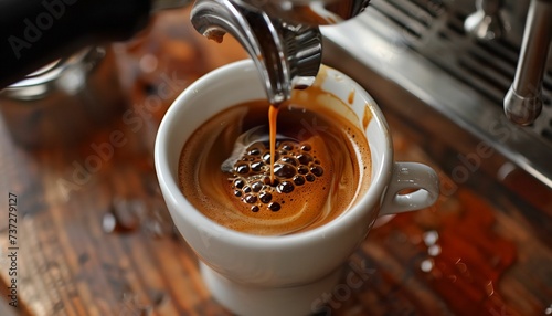 Brewing espresso shot, crema forming, perfect espresso pull.