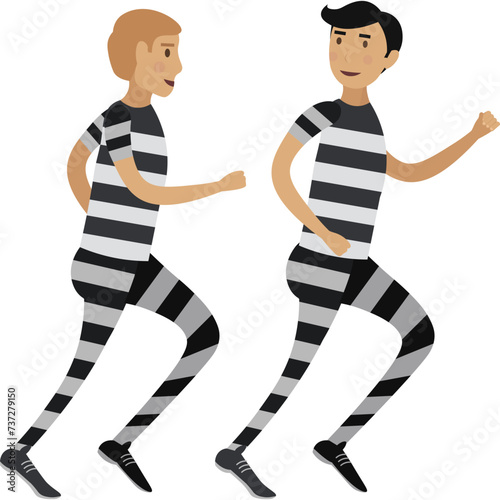Two prisoners in striped clothes escaping from prison vector icon isolated on white