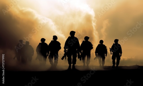 Battle scene. Military silhouettes fighting scene on war fog sky background. World War Soldiers Silhouettes Below Cloudy Skyline At sunset