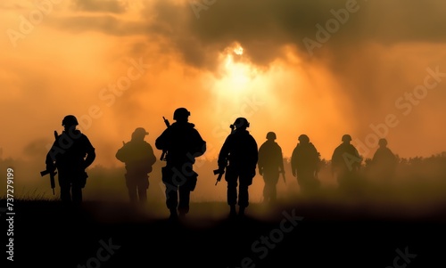 Battle scene. Military silhouettes fighting scene on war fog sky background. World War Soldiers Silhouettes Below Cloudy Skyline At sunset