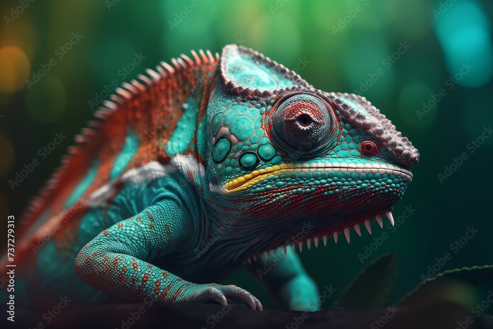 Fototapeta premium Colorful Chameleon in the jungle. Beautiful close-up.