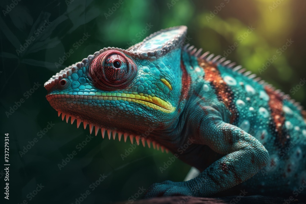Fototapeta premium Colorful Chameleon in the jungle. Beautiful close-up.