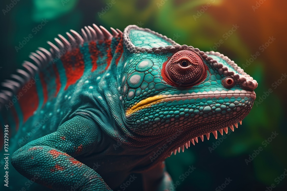 Fototapeta premium Colorful Chameleon in the jungle. Beautiful close-up.