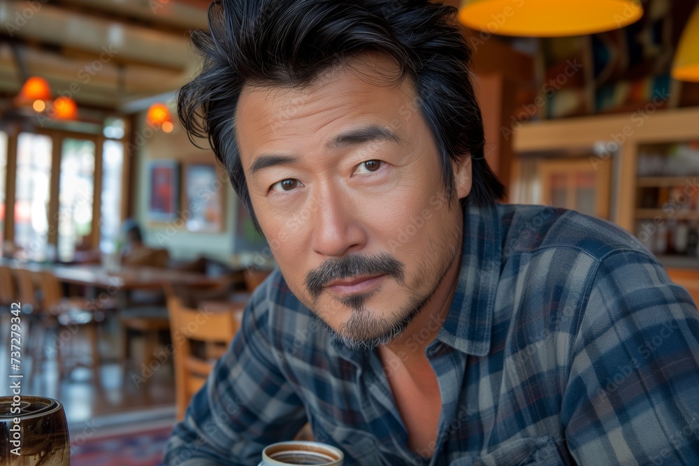 Mature asian man in cafe, reflecting with coffee, warmth in his thoughtful gaze. Reflective moment for man in coffee shop, coffee in hand, comfortable and introspective. Mature asian man in cafe, reflecting with coffee, warmth in his thoughtful gaze. Reflective moment for man in coffee shop, coffee in hand, comfortable and introspective.