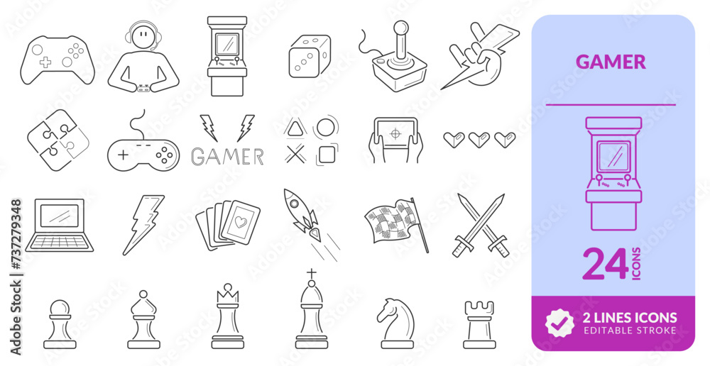 GAMER ICONS WITH EDITABLE LINES.
ELEMENTS TO ILLUSTRATE, SYMBOLS, GAMES, ENTERTAINMENT, GEEK, CARDS, CHESSES, CONTROLS, COMPUTER AND OTHERS.
PIXEL PERFECT. EDITABLE LINE

