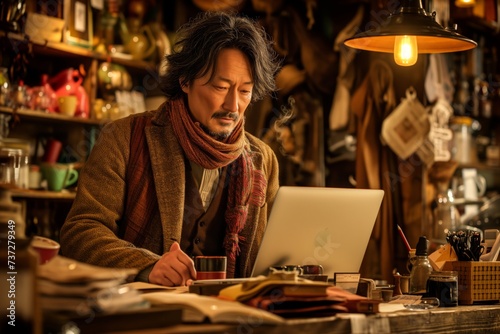 Scholarly asian man engages with laptop in antiquated setting, lost in thought among relics. Intellectual air as man with laptop sits among vintage collections, contemplating deeply