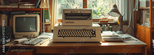 radio teletype device on a desk, in an old office room from the 1980s photo