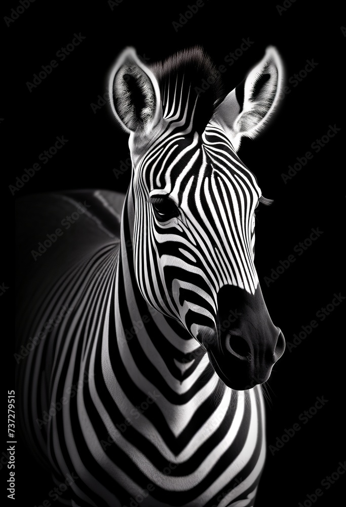 A monochrome photo of a zebra with a black background A monochrome photo of a zebra with a black background