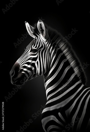 A monochrome photo of a zebra with a black background © Riz