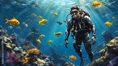 A man is scuba diving. Exploring the underwater world