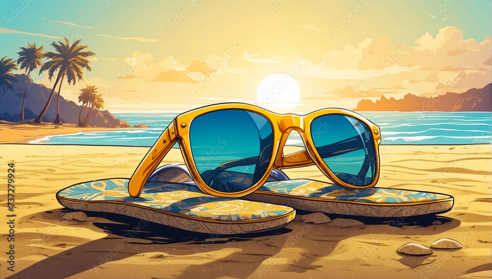 Beach slippers and sunglasses on the sand. Summer vacation. Comics style Beach slippers and sunglasses on the sand. Summer vacation. Comics style