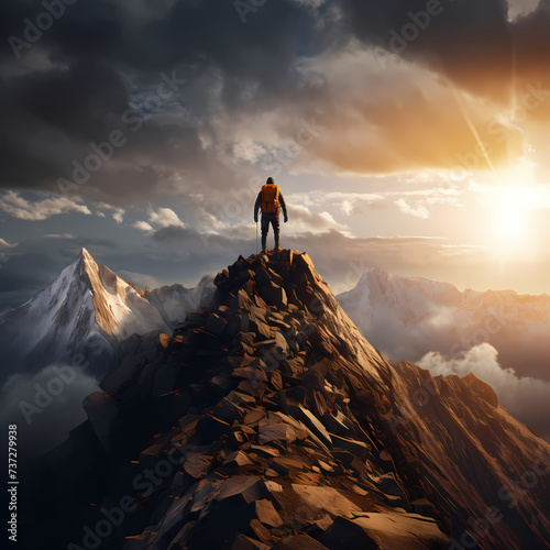 A hiker reaching the summit of a mountain. © Cao