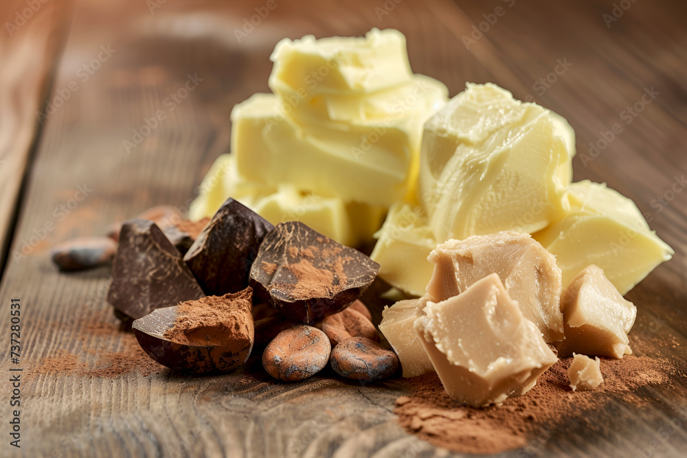 Cocoa butter chunks with dark chocolate and cocoa beans on rustic wooden table, close up. Raw ingredients for chocolate making, organic cosmetics, immune stimulation, cough treating,