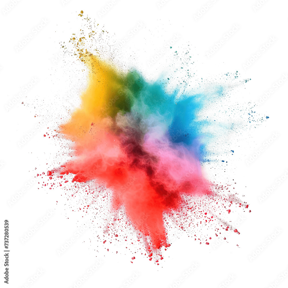 The image showcases a dynamic burst of colored powder, with a spectrum of hues ranging from yellow, green, blue, to pink and red, creating a vivid and eye-catching cloud of pigments against a neutral 