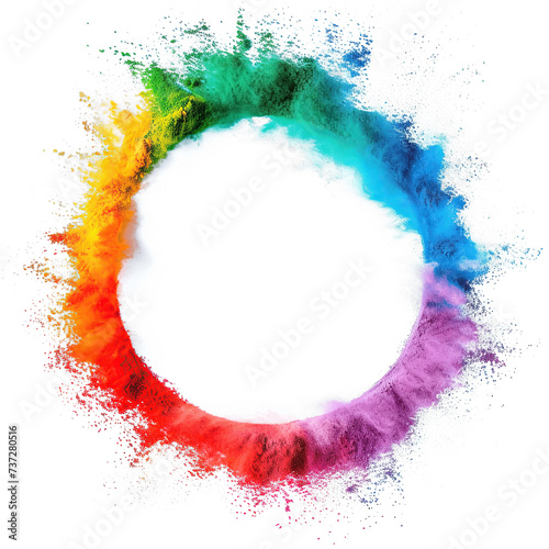 The image captures a dynamic and energetic explosion of colored powder, forming a nearly complete circle against a neutral gray background. The powder features a spectrum of colors that transition smo photo
