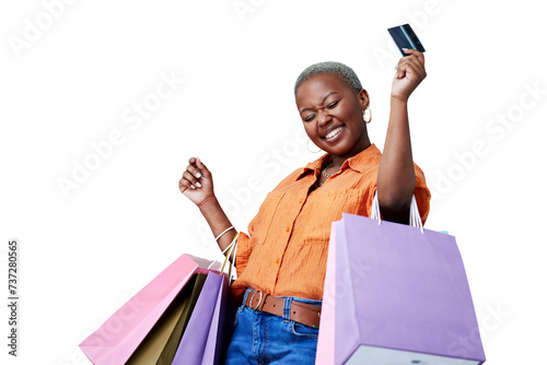 Bags, excited and black woman with a credit card, shopping and isolated on transparent png background. Female person, shopper and celebration for transaction, payment and smile for promo or ecommerce