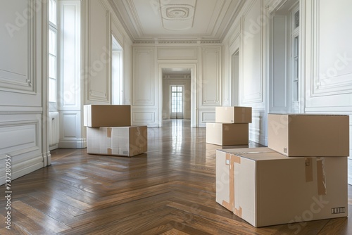 Empty floor with cardboard boxes. White walls, parquet floor and natural light. Moving, sale and purchase of real estate, real estate and new home. © arhendrix