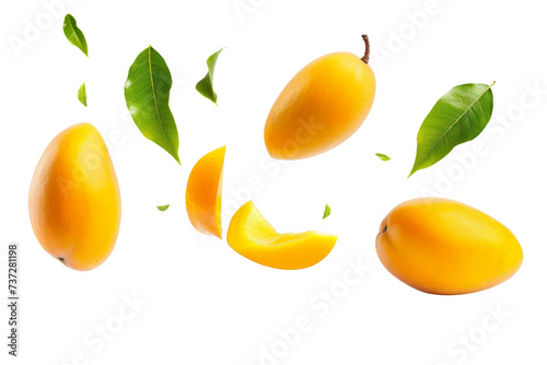 Mango with half slices falling or floating in the air with green leaves isolated on background, Fresh organic fruit with high vitamins and minerals. photo