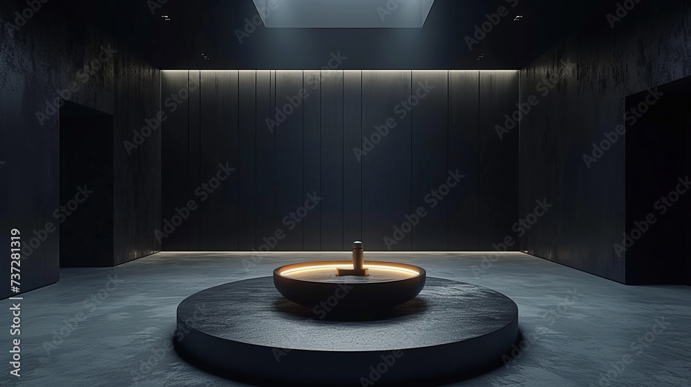 Dark room with a round pool in the center - obrazy, fototapety, plakaty 