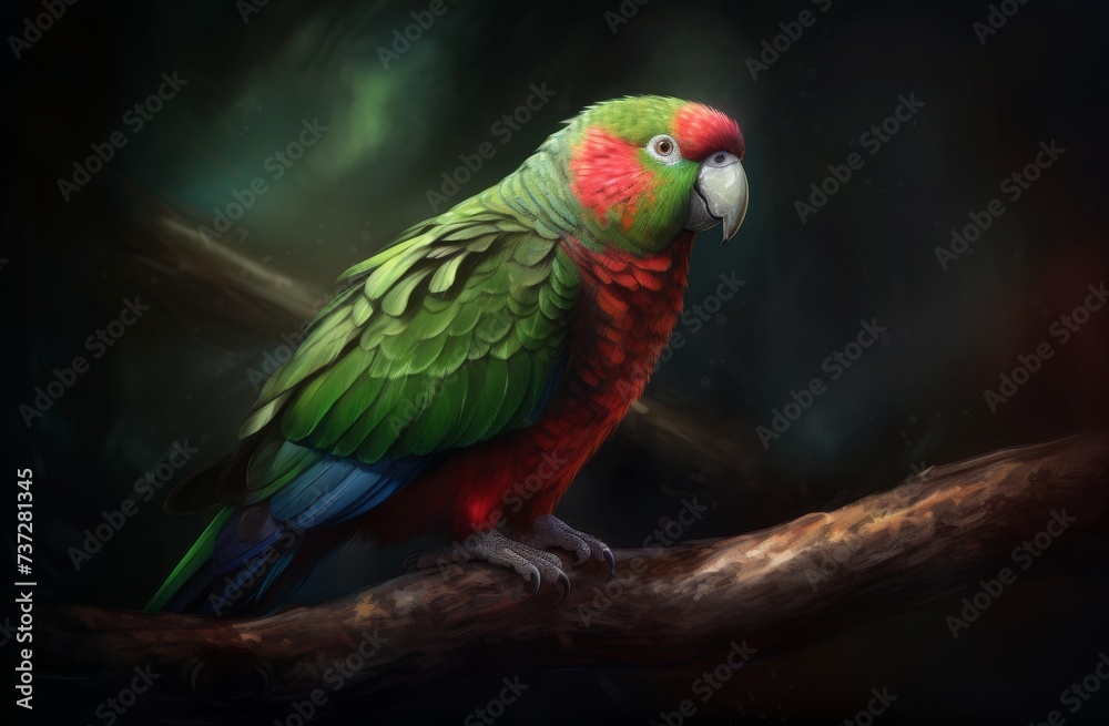 green parrot on a tree trunk with a dark background