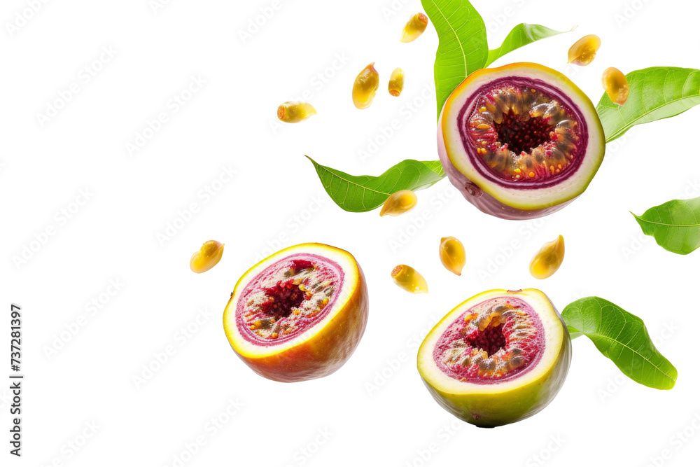 Passion fruit with half slices falling or floating in the air with green leaves isolated on background, Fresh organic fruit with high vitamins and minerals. Passion fruit with half slices falling or floating in the air with green leaves isolated on background, Fresh organic fruit with high vitamins and minerals.