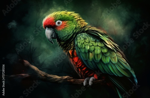 green parrot on a tree trunk with a dark background © Riz