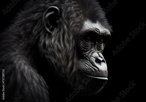 A gorilla's face is shown against a black background © Riz