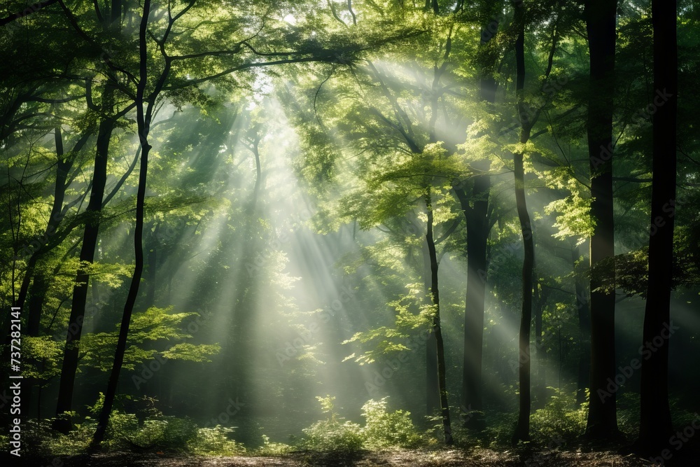 Obraz premium Sunlight filtering through a forest canopy