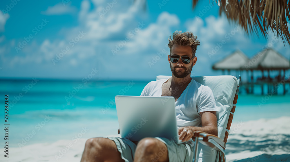 A man working on a laptop while sitting in a beach chair by the ocean, symbolizing remote work during a vacation.  Ai generative